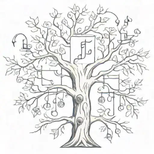A family tree with basketball branches and musical notes as leaves, with 'TJ' carved into the trunk tattoo design idea