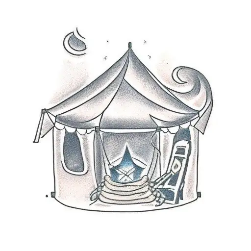 a small, tattoo, of a tent, with boots at the front opening of the tent, and a campfire, simple tattoo design idea