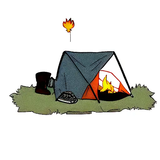 a small, tattoo, of a tent, with boots at the front opening of the tent, and a campfire, simple tattoo design idea