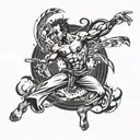 A dynamic design featuring a capoeira fighter in action, incorporating elements of movement and energy tattoo design idea