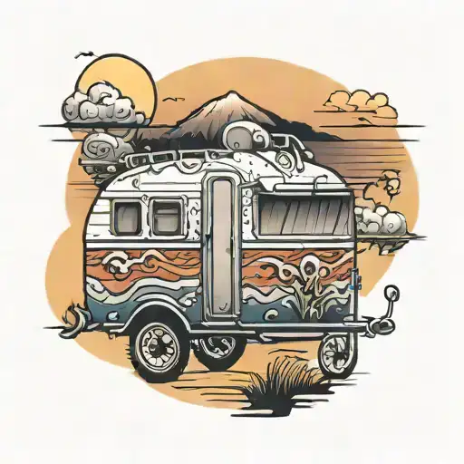 caravan with sunset behind  tattoo design idea