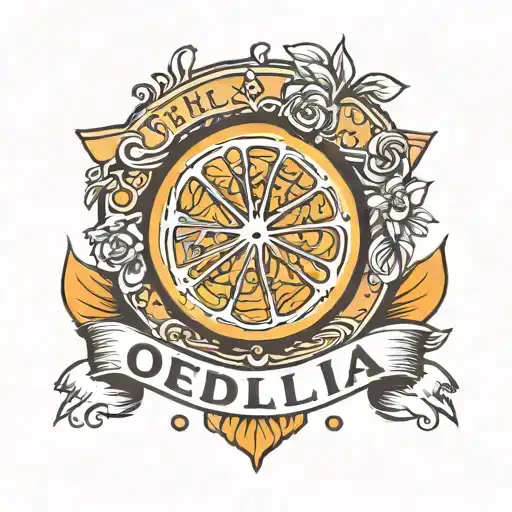 orange slice with a banner that says "Odelia" tattoo design idea