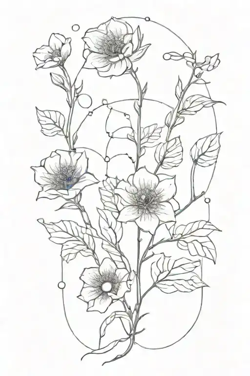 A simple black line tattoo of a single line of birth flowers and roots, with geomtric shapes intertwined, dna strand tattoo design idea