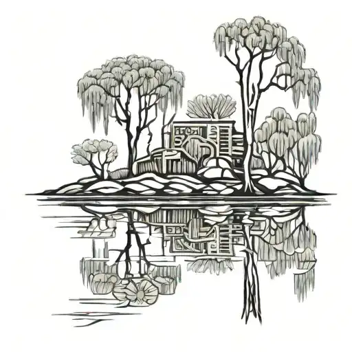 willow weeping willow over a lake tattoo design idea
