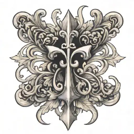 a Lorraine cross with a fleur-de-lis and two laurel branches tattoo design idea