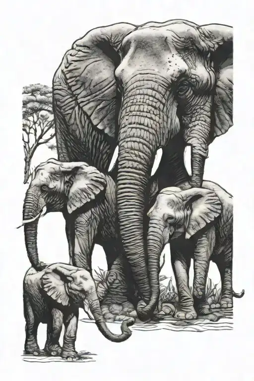 1 adult male elephant and one adult female elephant, accompanied by 2 large and 1 small baby elephants tattoo design idea