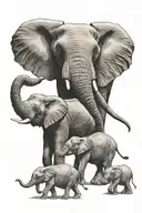 1 adult male elephant and 1 adult female elephant, accompanied by 2 large and 1 small baby elephants tattoo design idea