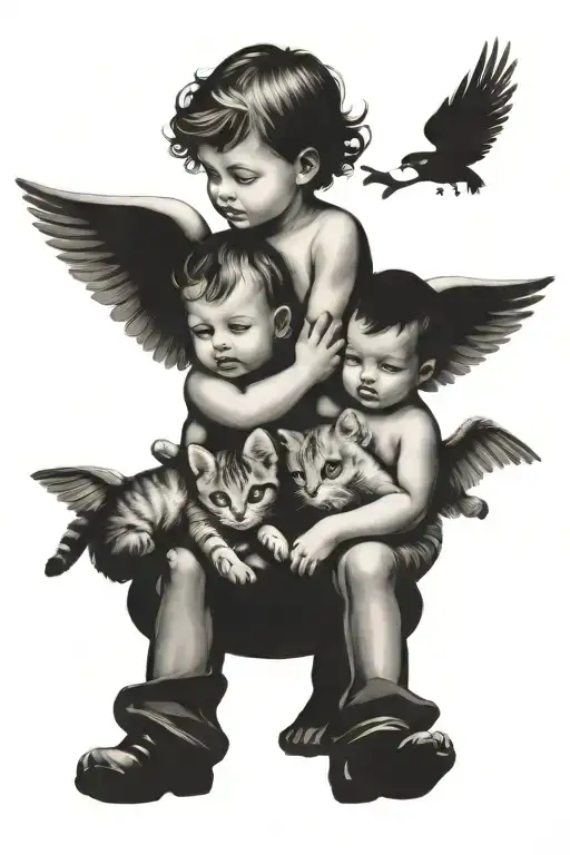 Vintage style baby angels looking down on children pisking flowers and petting cats tattoo design idea