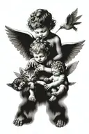 Vintage style baby angels looking down on children pisking flowers and petting cats tattoo design idea