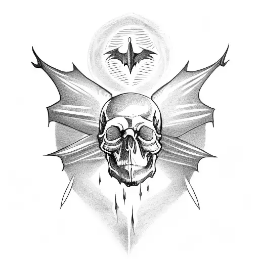 Bat wings forming a skull shape with candles and an ouija board in the background tattoo design idea