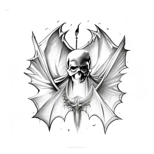 Bat wings forming a skull shape with candles and an ouija board in the background tattoo design idea