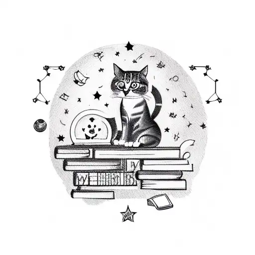 A tattoo design of a cat lounging on a library shelf, surrounded by books and coffee cups, with stars and astrology symbols in the background, representing the client's love for cats, reading, coffee, and astrology. tattoo design idea