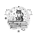 A tattoo design of a cat lounging on a library shelf, surrounded by books and coffee cups, with stars and astrology symbols in the background, representing the client's love for cats, reading, coffee, and astrology. tattoo design idea