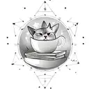 A tattoo design of a cat lounging on a library shelf, surrounded by books and coffee cups, with stars and astrology symbols in the background, representing the client's love for cats, reading, coffee, and astrology. tattoo design idea