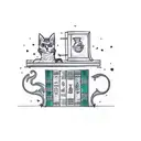 A tattoo design of a cat lounging on a library shelf, surrounded by books and coffee cups, with stars and astrology symbols in the background, representing the client's love for cats, reading, coffee, and astrology. tattoo design idea