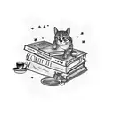 A tattoo design of a cat lounging on a library shelf, surrounded by books and coffee cups, with stars and astrology symbols in the background, representing the client's love for cats, reading, coffee, and astrology. tattoo design idea