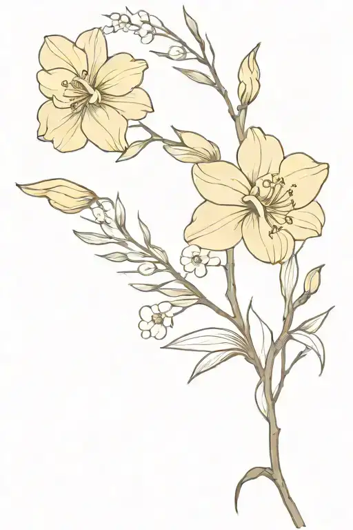 a vine with a carnation, broam grass, daffodil, gladioli, hydrangea and orchid coming off of the vine tattoo design idea