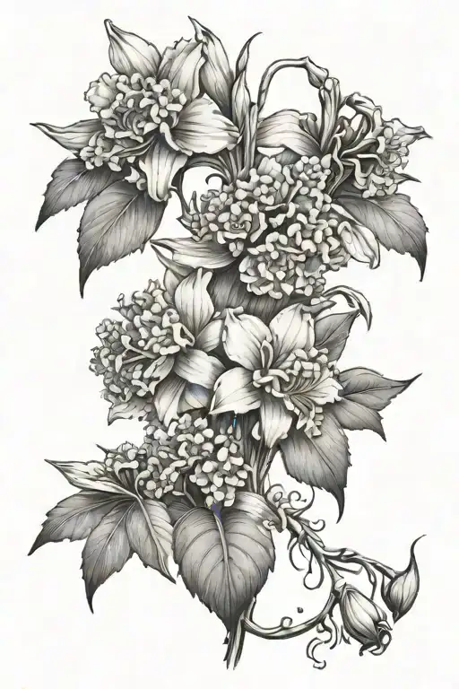 a vine with a carnation, broam grass, daffodil, gladioli, hydrangea and orchid coming off of the vine tattoo design idea