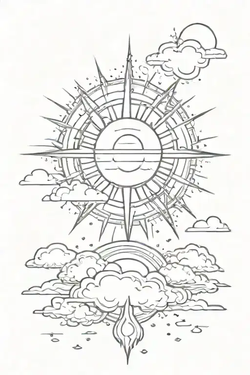 a tattoo of a sun rising and its rays shining through clouds. lift the tattoo patters from the forearm. tattoo design idea