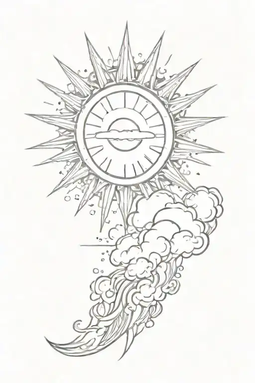 a tattoo of a sun rising and its rays shining through clouds. lift the tattoo patters from the forearm. tattoo design idea