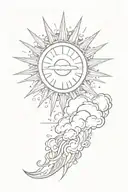 a tattoo of a sun rising and its rays shining through clouds. lift the tattoo patters from the forearm. tattoo design idea