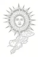 a tattoo of a sun rising and its rays shining through clouds. lift the tattoo patters from the forearm. tattoo design idea
