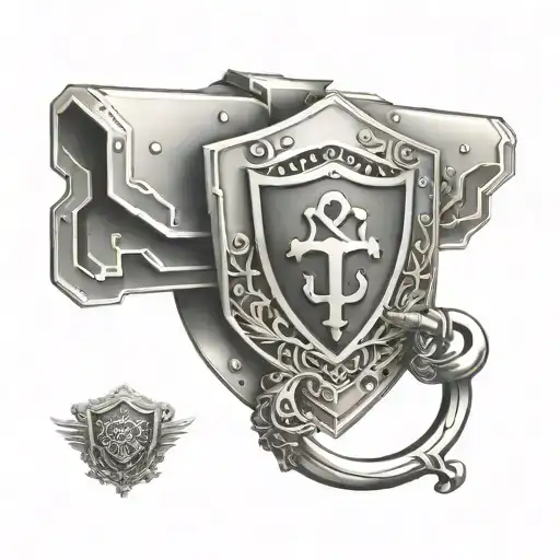 A cyber security shield with intricate lock and key details tattoo design idea