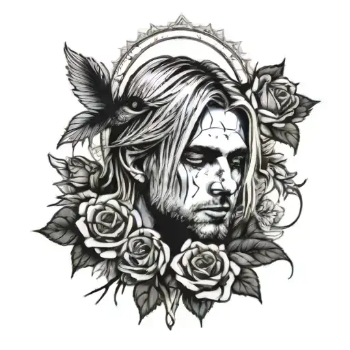 nirvana kurt cobain  and roses surrounding tattoo design idea
