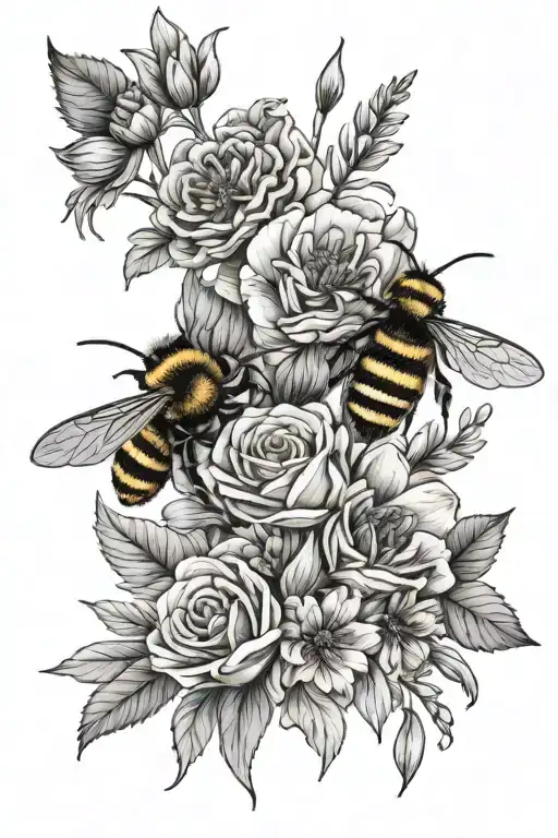 flower bouquet with bumble bee tattoo design idea