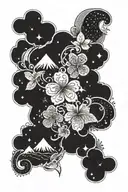black and white, mountains, stars, Aquarius zodiac, clover, four leaf clover, music tattoo design idea