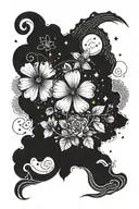 black and white, mountains, stars, Aquarius zodiac, clover, four leaf clover, music tattoo design idea