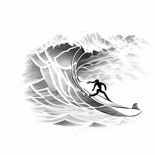 Design a tattoo featuring a wave with hidden images of surfers catching barrels, representing the excitement and skill required in surfing tattoo design idea