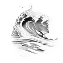 Design a tattoo featuring a wave with hidden images of surfers catching barrels, representing the excitement and skill required in surfing tattoo design idea