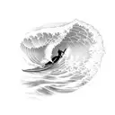 Design a tattoo featuring a wave with hidden images of surfers catching barrels, representing the excitement and skill required in surfing tattoo design idea