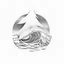 Design a tattoo featuring a wave with hidden images of surfers catching barrels, representing the excitement and skill required in surfing tattoo design idea