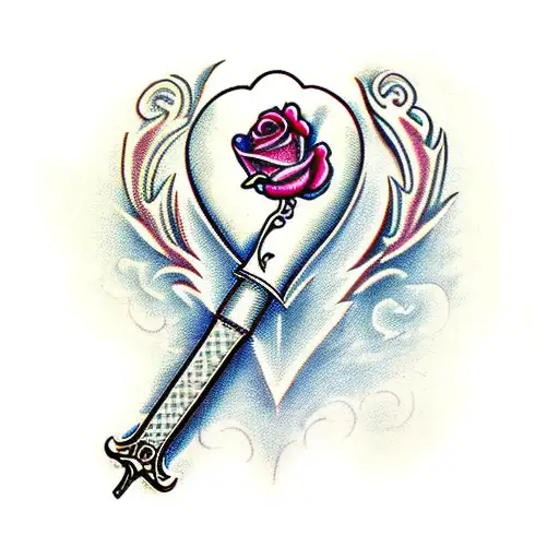 Dagger sword with a heart and flowers at the handle  tattoo design idea