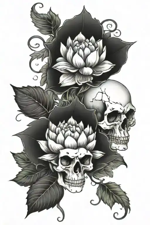 A lotus flower with purple to teal petals surrounded by ivy vines and skulls tattoo design idea