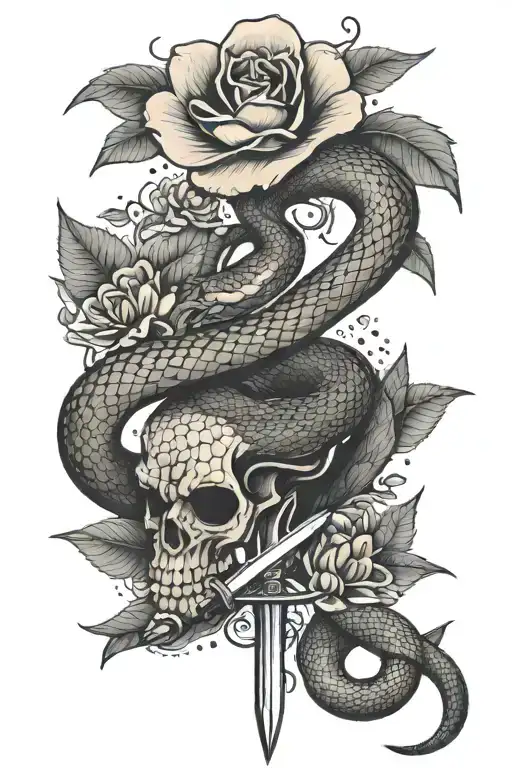 snake whith flower and sword tattoo design idea