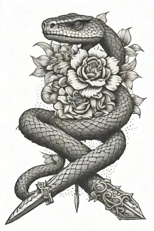 snake whith flower and sword tattoo design idea