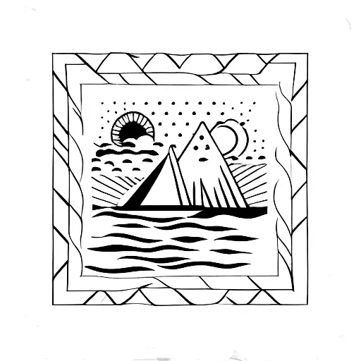 square border panel with sunset and ocean  tattoo design idea