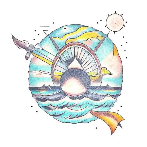 frame with ultra minimalist sunset and ocean  tattoo design idea