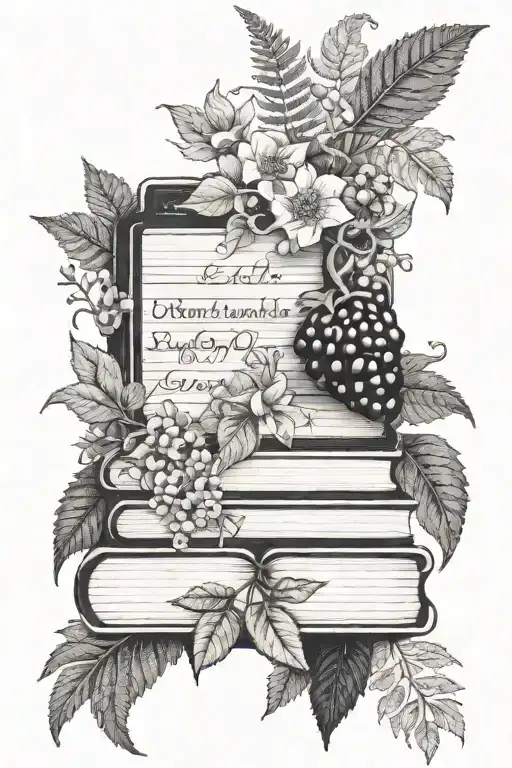 floral, ferns, blackberry bush framing, books, words tattoo design idea