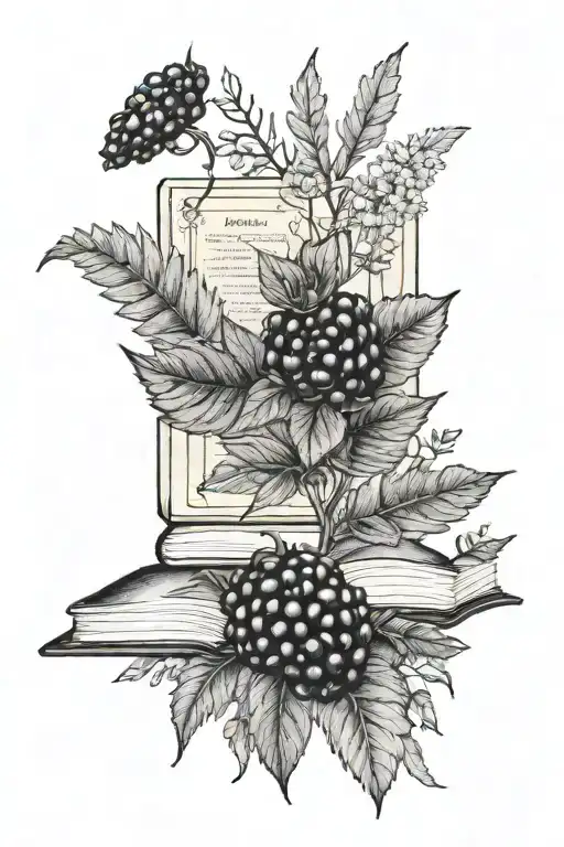 Blackberry bush frame, floral, ferns, books, words tattoo design idea