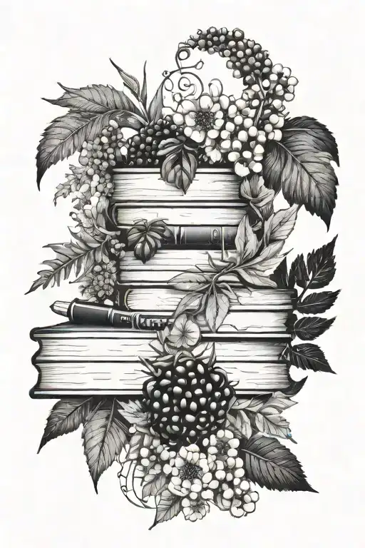 small Blackberry bush frame, floral, ferns, books, words tattoo design idea
