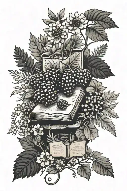 small Blackberry bush frame, wildflowers, ferns, books, words tattoo design idea