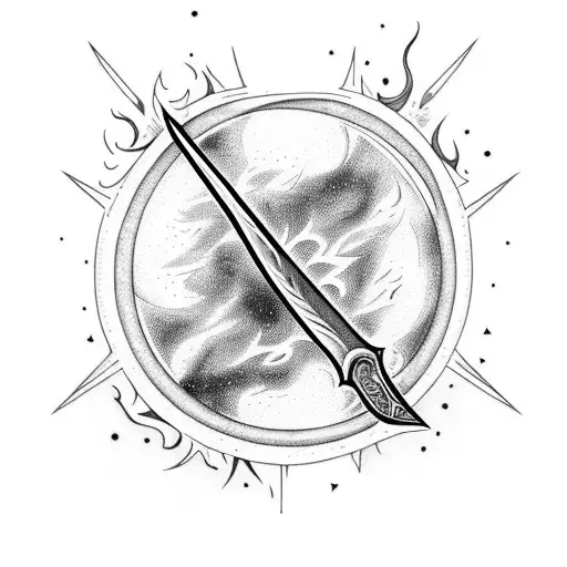 a bonfire with a sword in front, with an eclipse in the background.  tattoo design idea