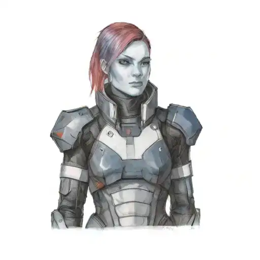 a female commander shepherd in N7 armour  from mass effect with red hair tattoo design idea