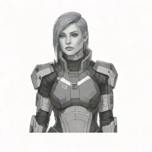 a female commander shepherd in N7 armour  from mass effect with red hair tattoo design idea