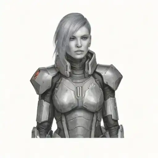 a female commander shepherd in N7 armour  from mass effect with red hair tattoo design idea