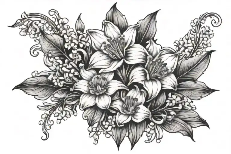 daffodil and lily of valley symmetrical pattern tattoo design idea